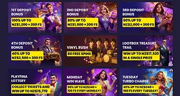 Playfina promotions page with the four deposit bonus stages and weekly offers