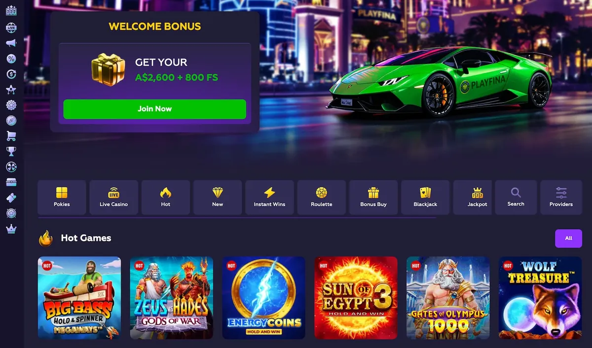 Playfina casino lobby on desktop with the welcome bonus block and hot games