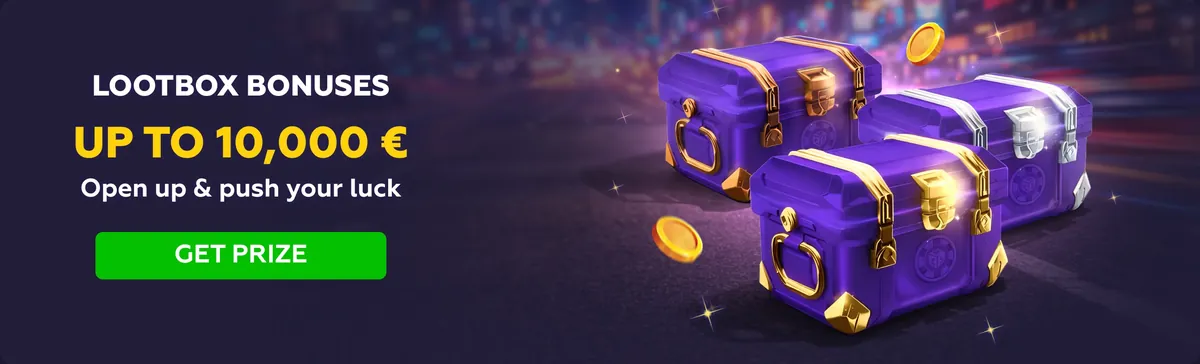 Playfina lootbox bonuses banner with purple treasure chests
