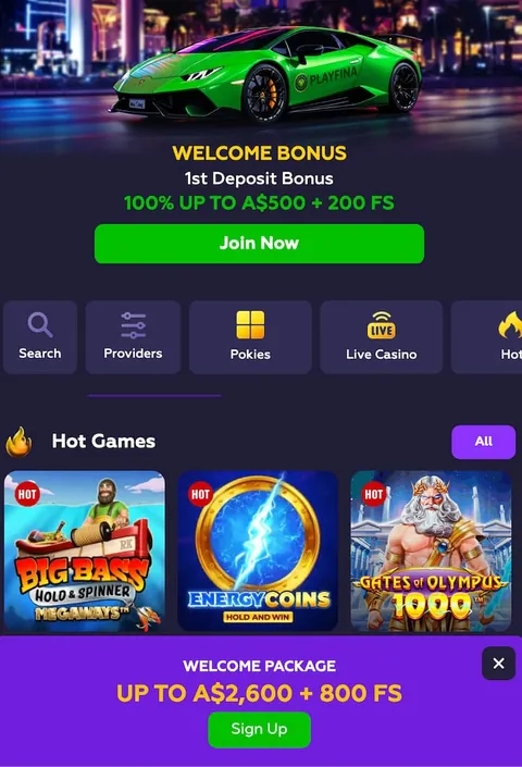 Playfina mobile site in the browser with the welcome bonus and hot games