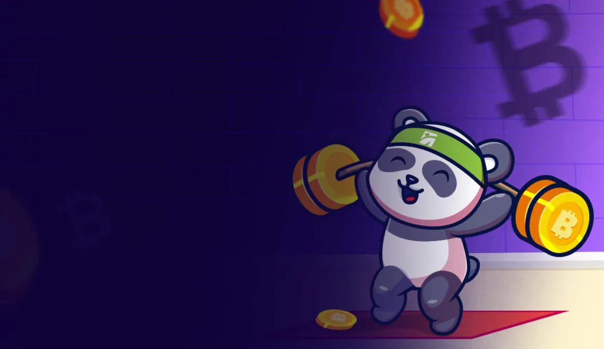Fastpay Casino weekly cashback promo art with the panda lifting Bitcoin weights