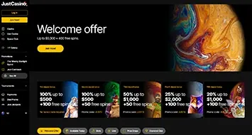 Just Casino welcome offer page with the deposit bonus tiles