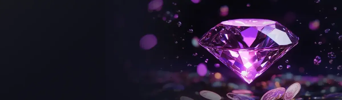 Woo Casino welcome bonus banner with a purple diamond